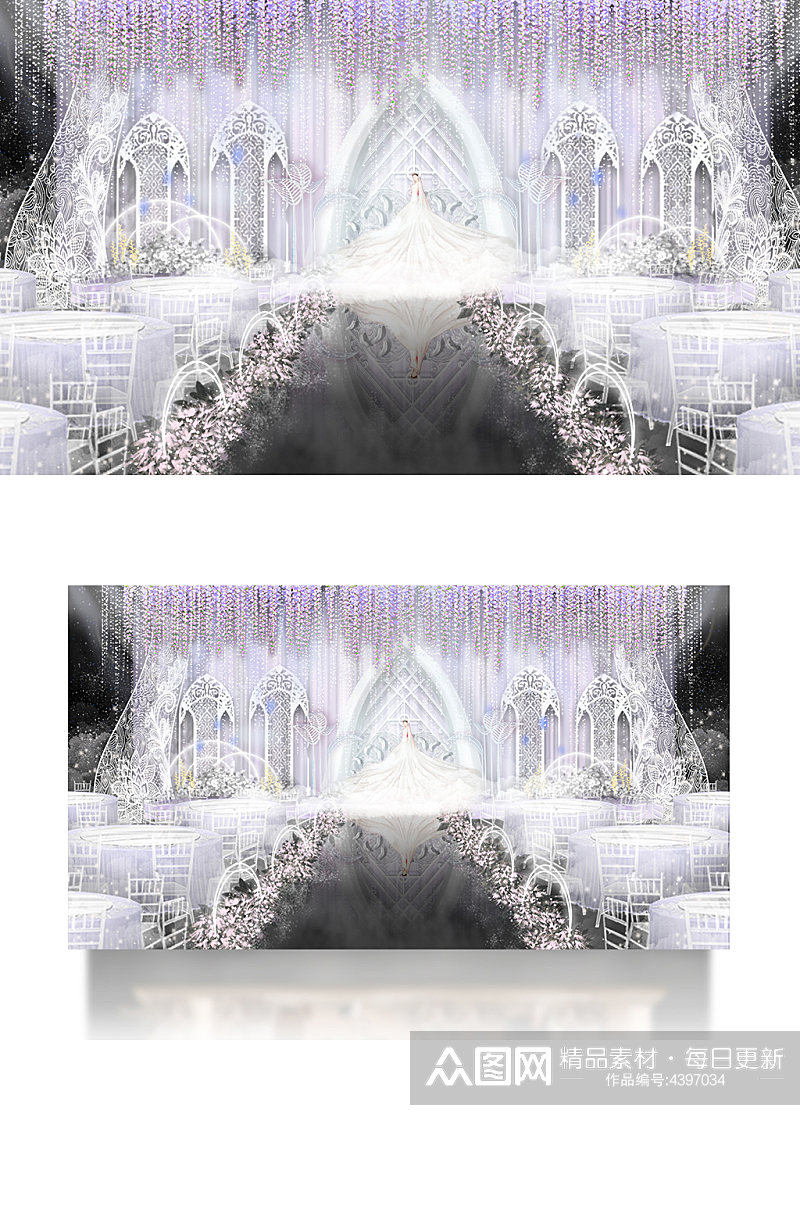 西式贵族优雅紫色超梦幻婚礼效果图舞台素材