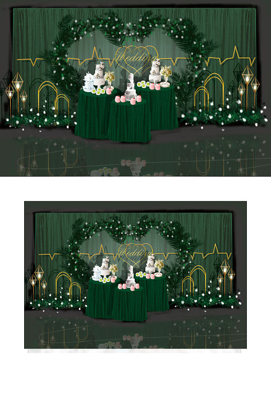 夏季清凉爱心森系婚礼甜品区效果图墨绿色-众图网