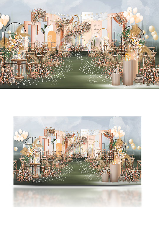 橙色系草坪婚礼效果图简约户外清新浪漫-众图网