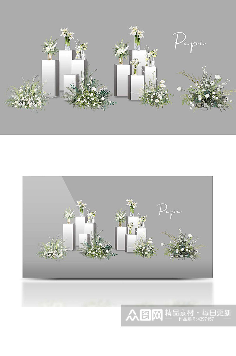 韩式白绿婚礼花艺方柱清新甜品台户外素材