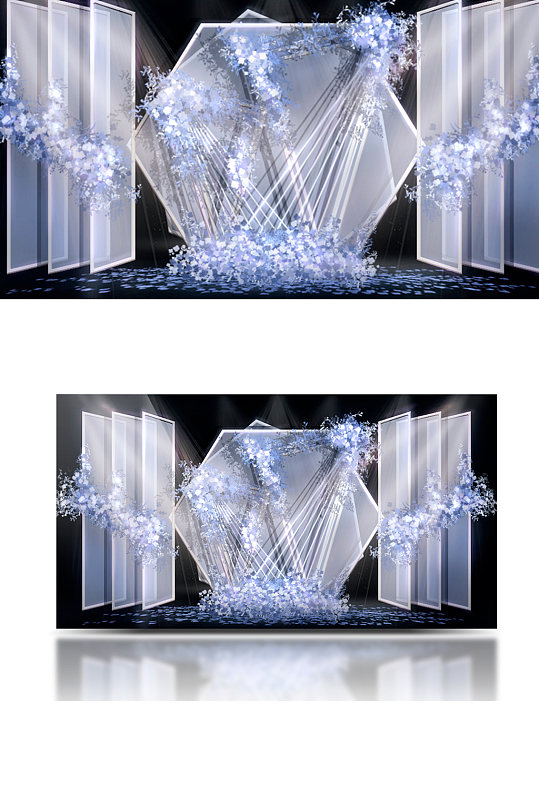 蓝色梦幻婚礼迎宾区效果图合影背景板-众图网