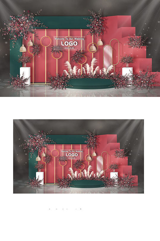 原创莫兰迪撞色简约婚礼效果图红绿背景板-众图网