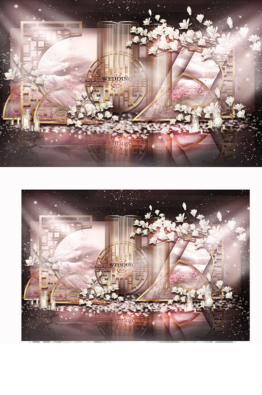 新中式婚礼合影区效果图粉色浪漫背景板-众图网