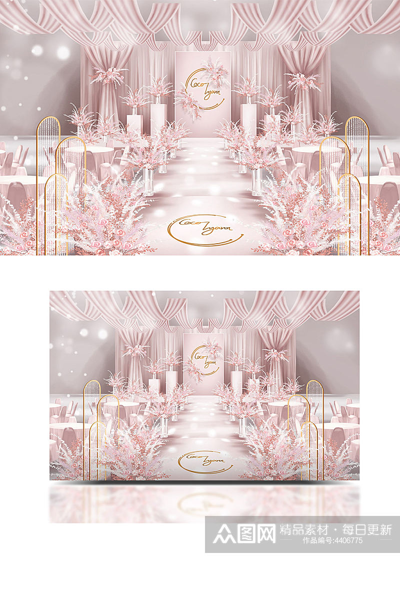 莫兰迪奶茶粉色系小清新韩式纱幔婚礼效果图素材
