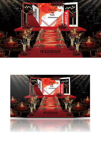 红白舞台婚礼效果图仪式区大气喜庆现代风