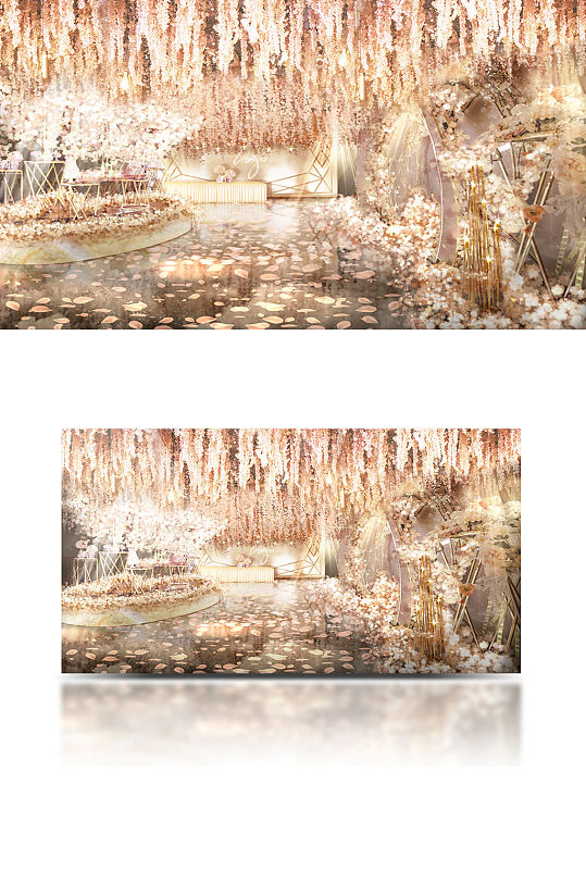 香槟色轻奢风婚礼手绘场景效果图舞台仪式区-众图网