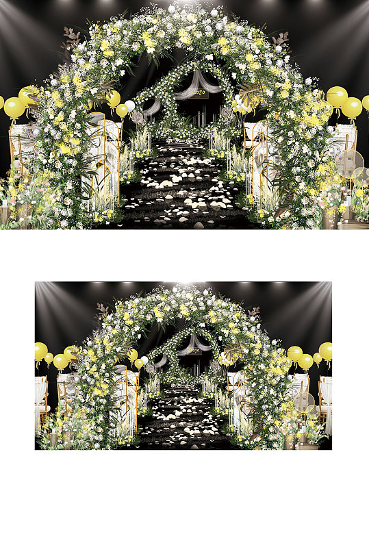 柠檬黄简约户外婚礼效果图舞台拱门仪式区-众图网