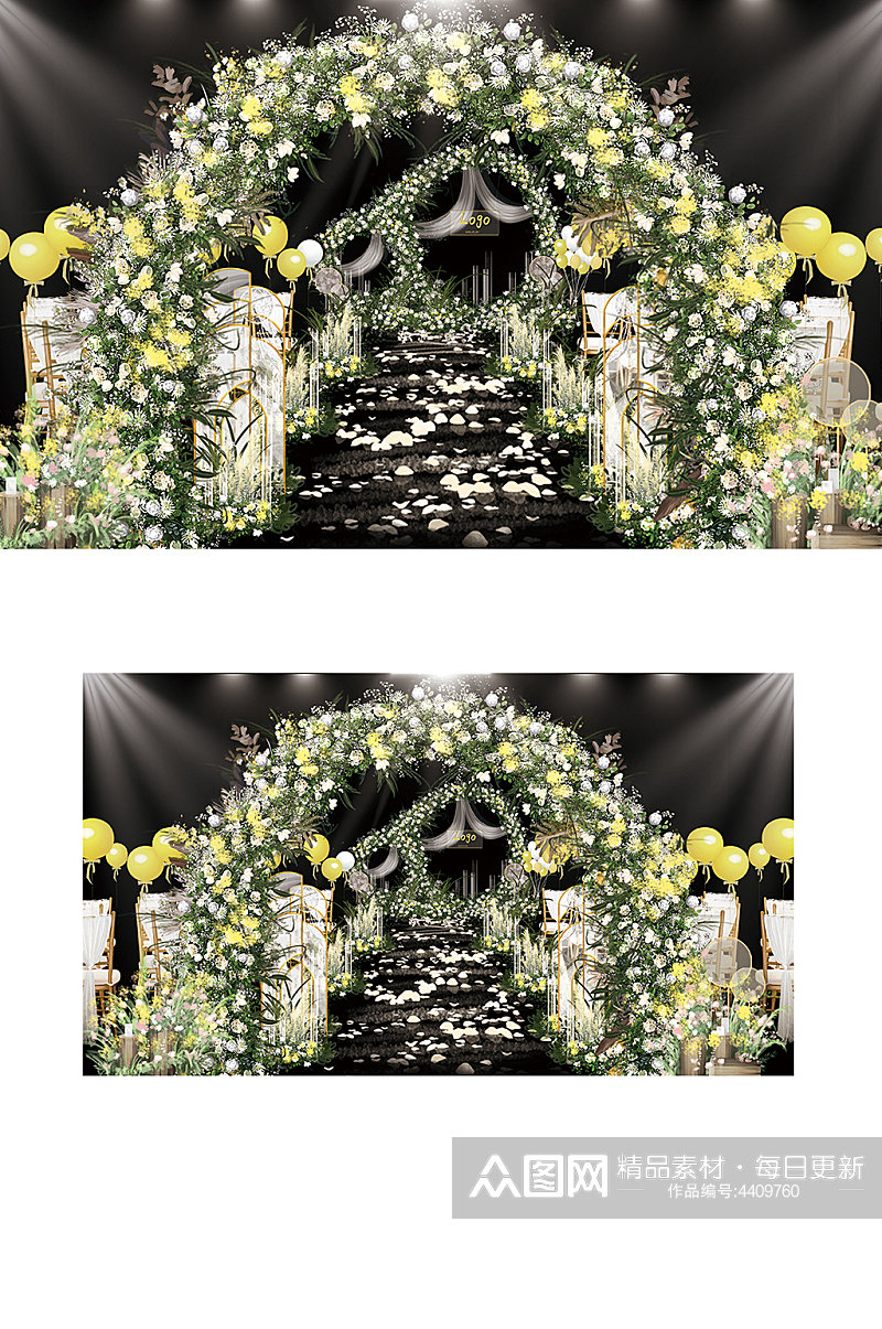 柠檬黄简约户外婚礼效果图舞台拱门仪式区素材