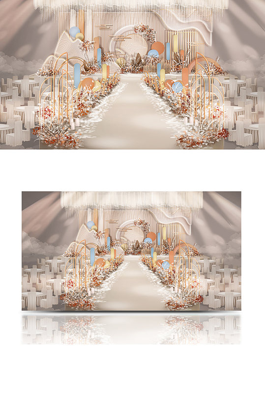 香槟色新中式婚礼宴会厅清新舞台仪式区-众图网