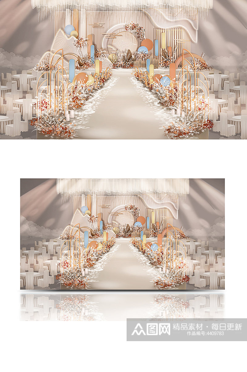 香槟色新中式婚礼宴会厅清新舞台仪式区素材