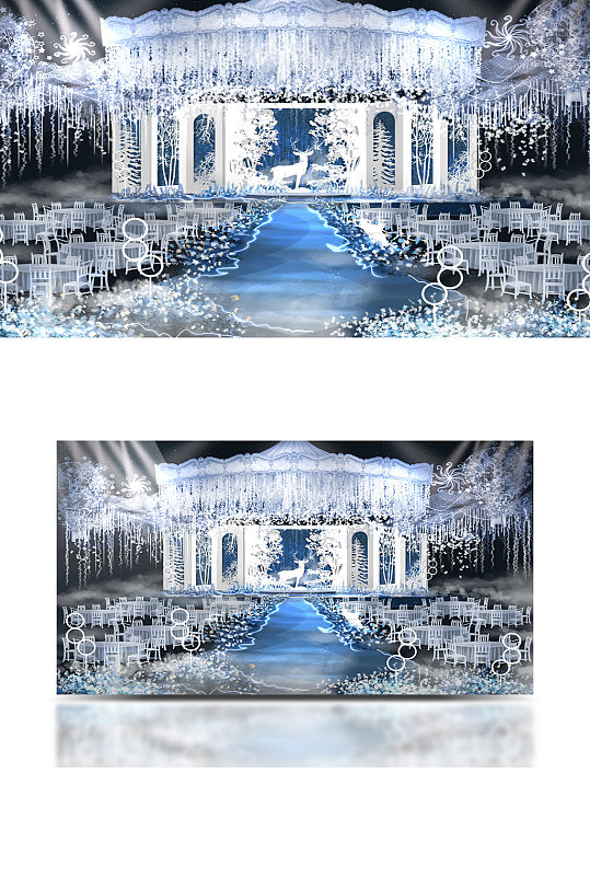 蓝白色鹿浪漫婚礼效果图舞台仪式区梦幻-众图网