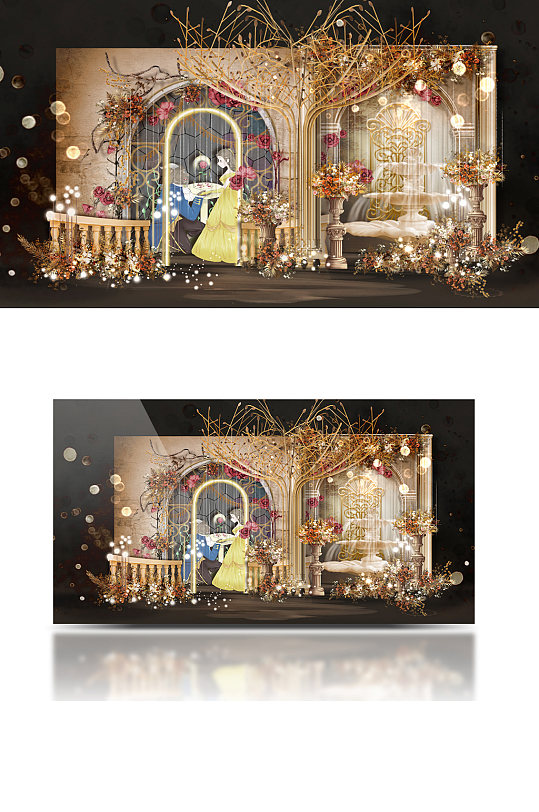 欧式美女野兽婚礼浪漫合影背景板迎宾香槟色-众图网