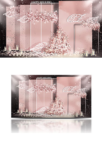 粉色水彩婚礼合影区效果图迎宾背景板