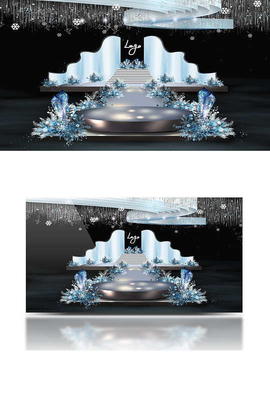 梦幻冬季飘雪婚礼效果图舞台蓝色仪式区-众图网
