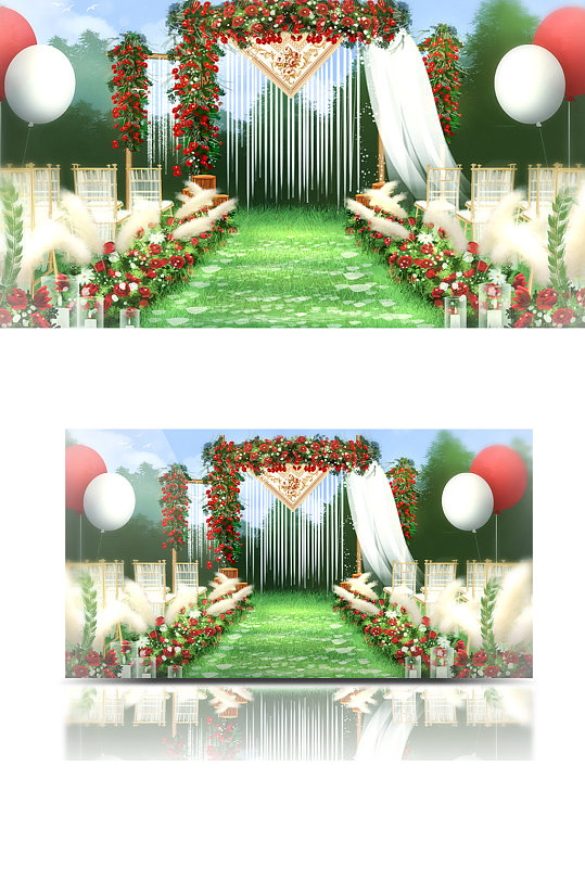 户外红白色小清新婚礼效果图草坪仪式区-众图网