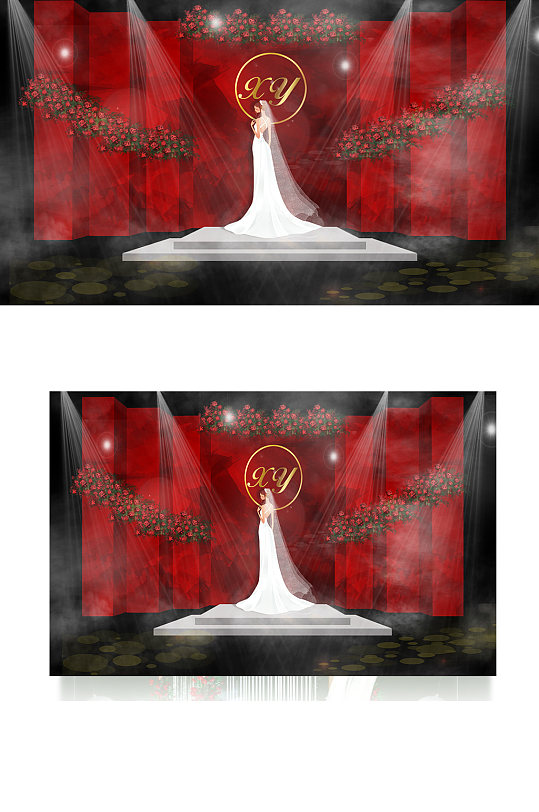 红色婚礼效果图迎宾区浪漫温馨舞台合影-众图网