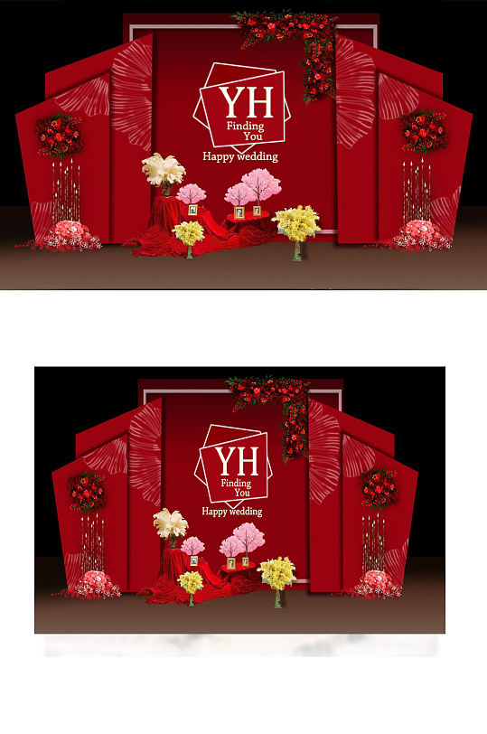 红色婚礼效果图甜品区大气合影迎宾背景板-众图网