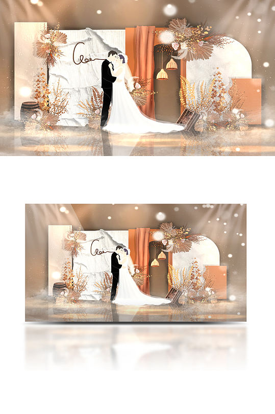 复古花艺美式小众婚礼手绘效果图合影背景板-众图网