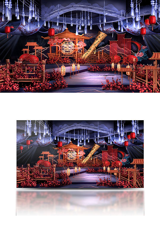 红蓝中式舞台婚礼效果图大气复古仪式区-众图网