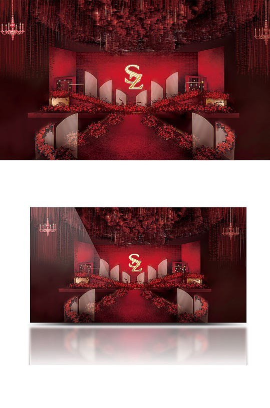 红色极简舞台婚礼效果图仪式区大气浪漫唯美-众图网