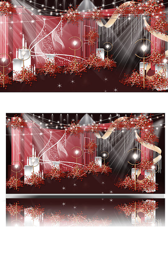 红色婚礼效果图设计舞台浪漫合影迎宾背景板-众图网