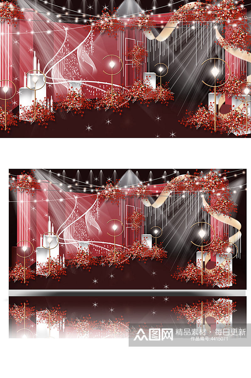 红色婚礼效果图设计舞台浪漫合影迎宾背景板素材