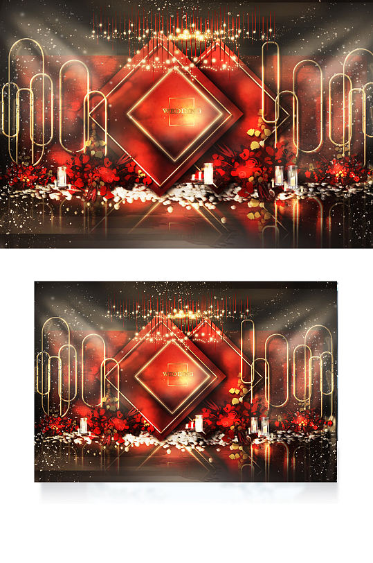 红色婚礼合影区效果图金色迎宾背景板-众图网