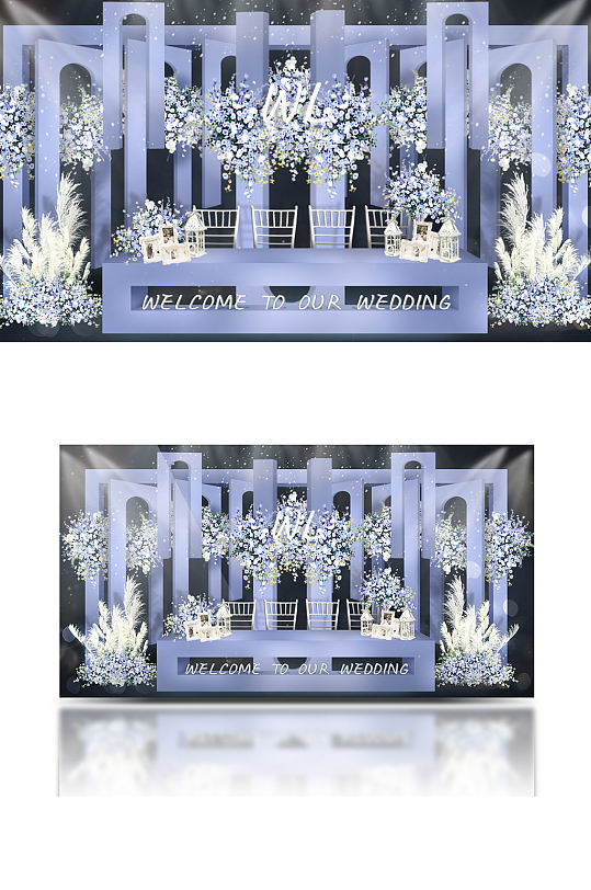 蓝色婚礼签到区效果图紫色合影迎宾背景板-众图网