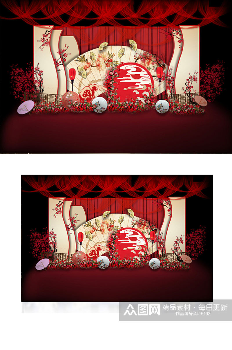 多层次红色新中式婚礼效果图合影迎宾背景板素材