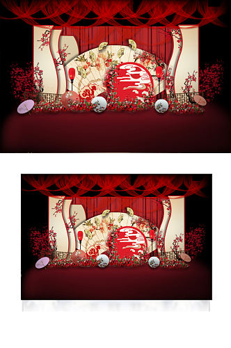 多层次红色新中式婚礼效果图合影迎宾背景板