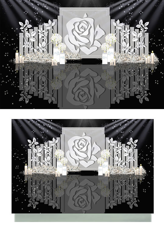 灰色系白玫瑰婚礼效果图合影背景板银色