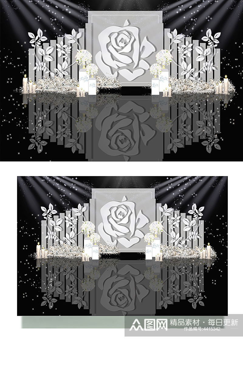 灰色系白玫瑰婚礼效果图合影背景板银色素材