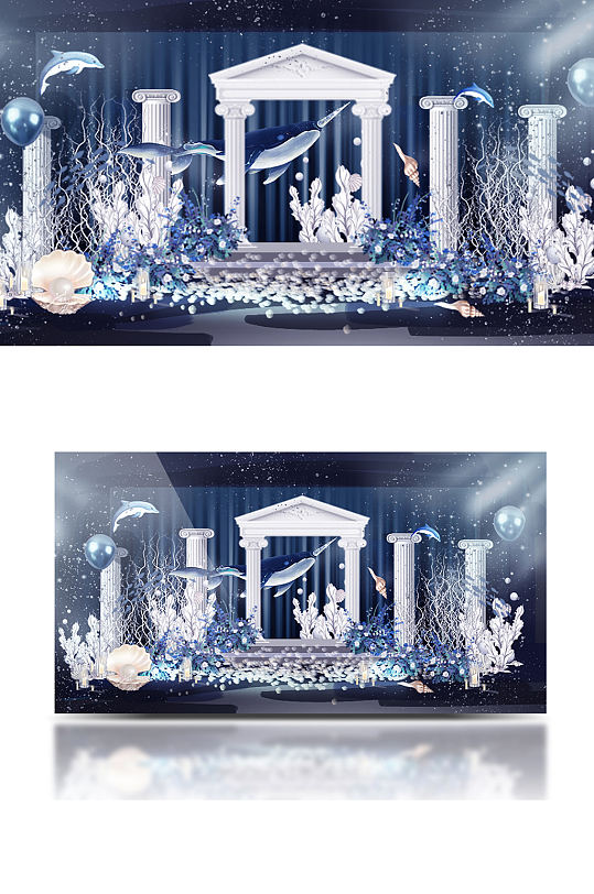 蓝色海洋婚礼合影区效果图鲸鱼背景板迎宾-众图网
