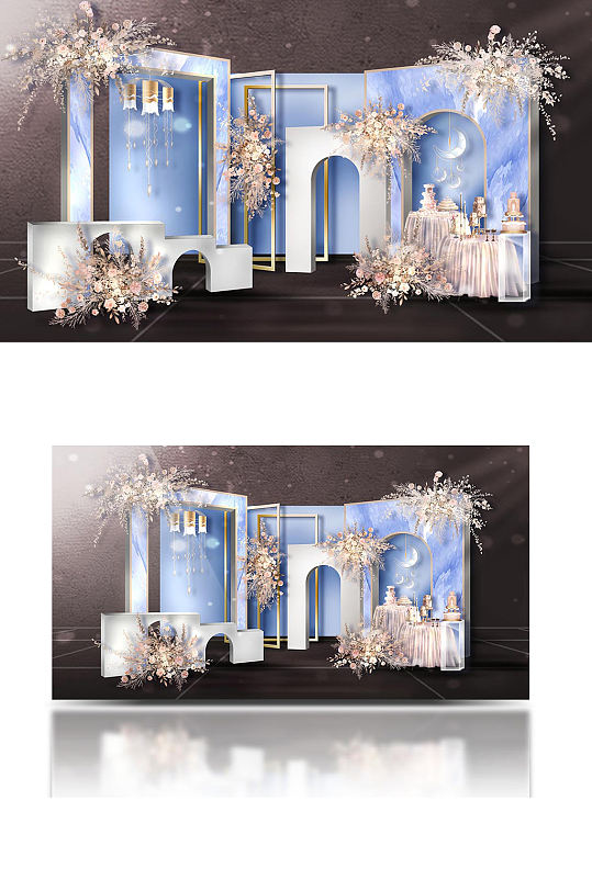 原创蓝粉色婚礼合影区迎宾背景板浪漫清新-众图网