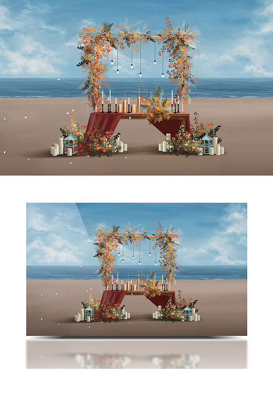 橙色海边波希米亚秋色田园复古风婚礼效果图-众图网