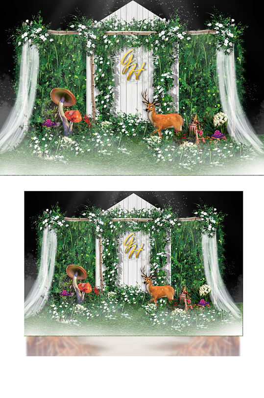 绿色森系婚礼迎宾区效果图合影背景板清新-众图网