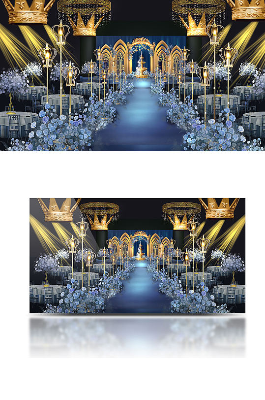 欧式仪式区原创婚礼效果图大气蓝金色舞台-众图网