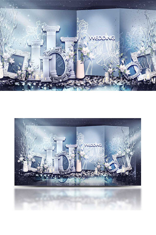 蓝色简约婚礼合影区效果图背景板浪漫-众图网