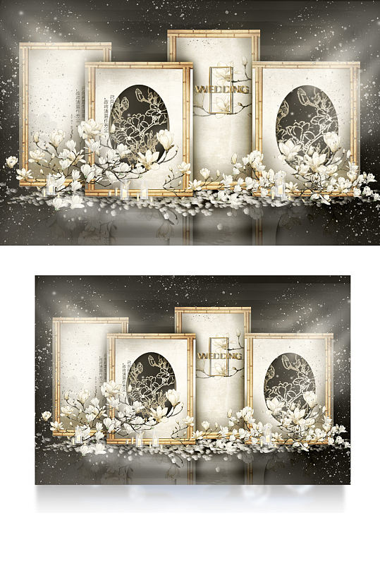 新中式婚礼合影效果图浪漫迎宾背景板香槟色-众图网