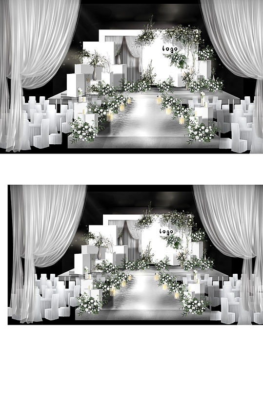 白绿色韩式酒店起始区纱幔婚礼效果图舞台