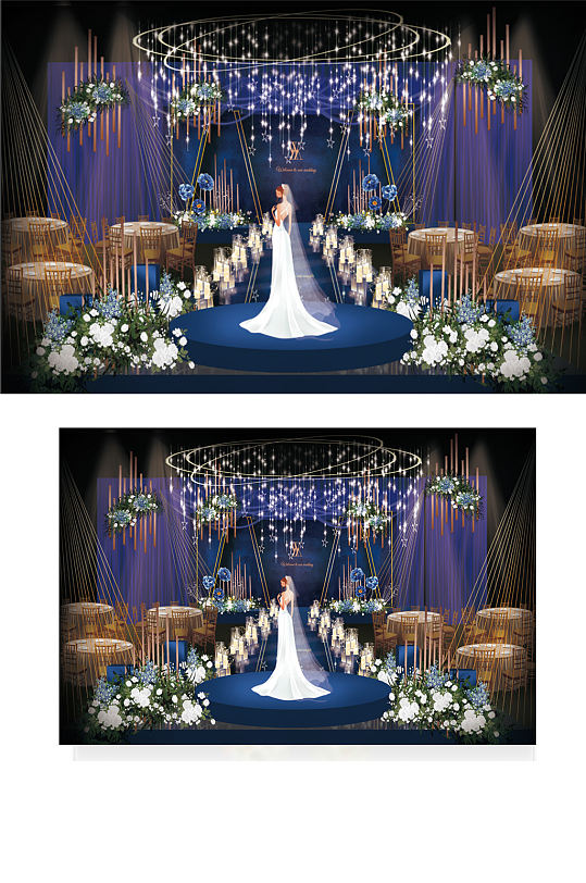 蓝色现代婚礼风格设计舞台梦幻仪式区浪漫-众图网