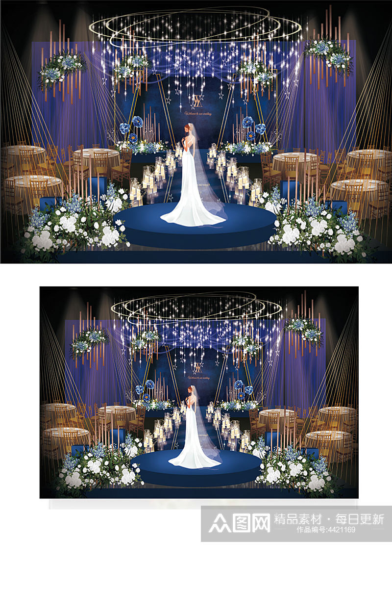 蓝色现代婚礼风格设计舞台梦幻仪式区浪漫素材
