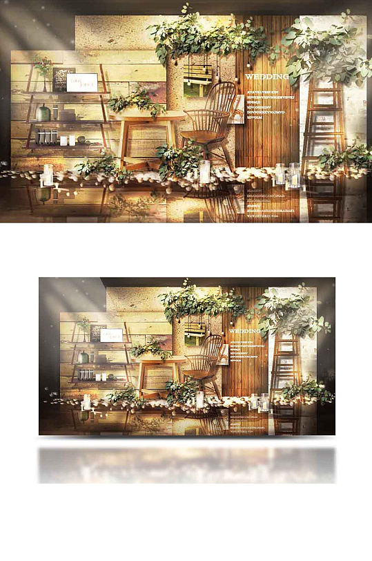 简约森系婚礼合影区效果图迎宾背景板复古-众图网