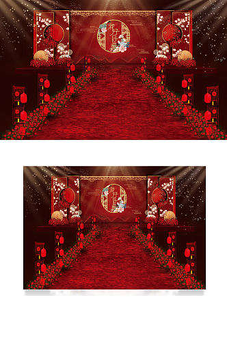 红色中式花好月圆舞台浪漫仪式区大气