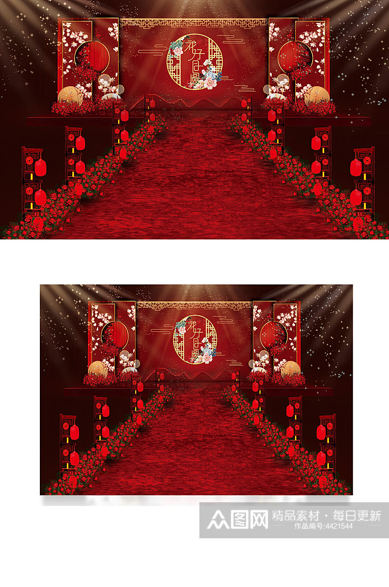 红色中式花好月圆舞台浪漫仪式区大气素材