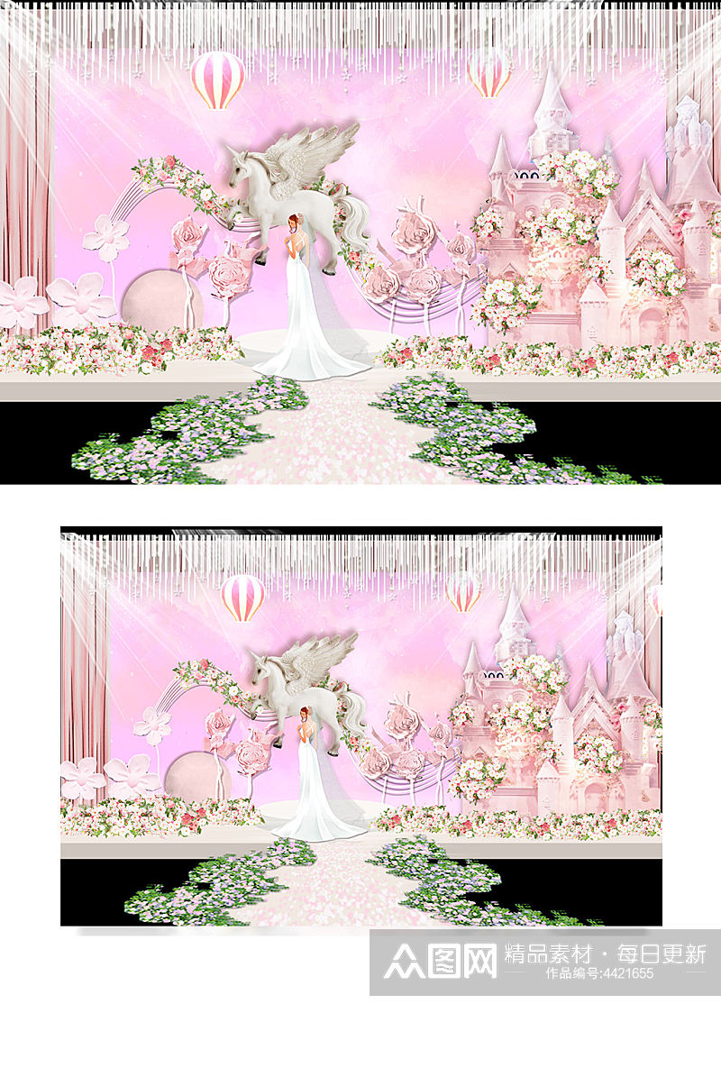 梦幻城堡室内婚礼效果图舞台浪漫温馨粉色素材