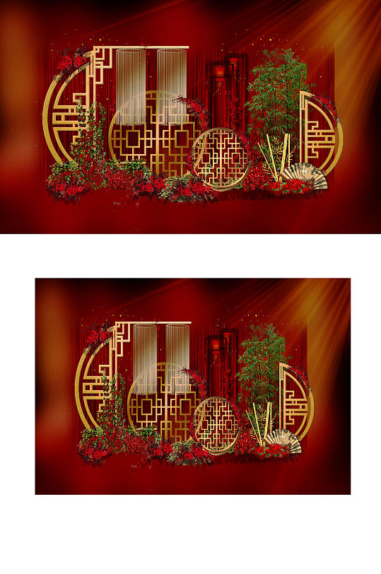 上海滩中式婚礼效果图红色复古合影背景浪漫-众图网