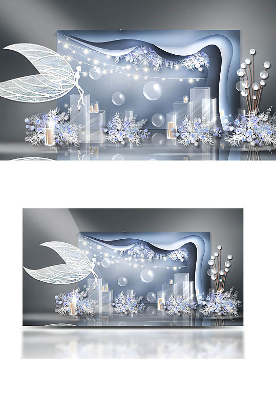 蓝色梦幻大气婚礼效果图海洋清新合影背景板-众图网