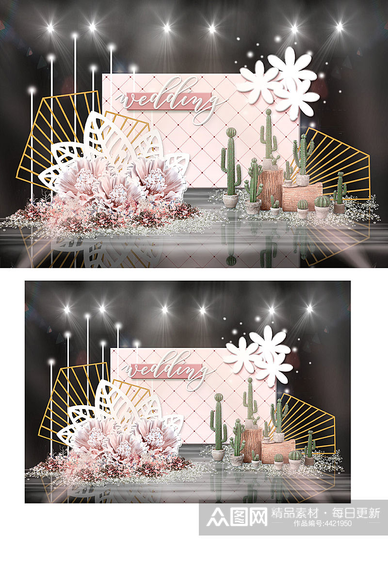 粉色ins菱格背景立体花瓣婚礼效果仙人掌素材