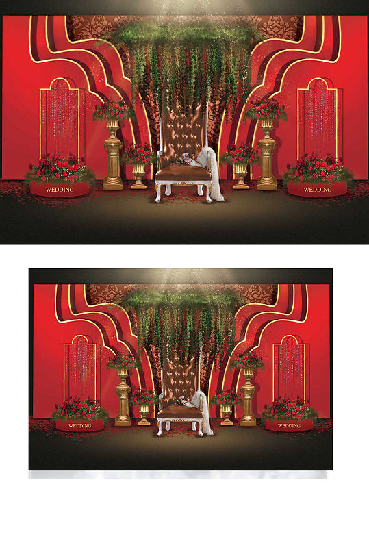 红金婚礼迎宾区效果图合影背景新中式-众图网